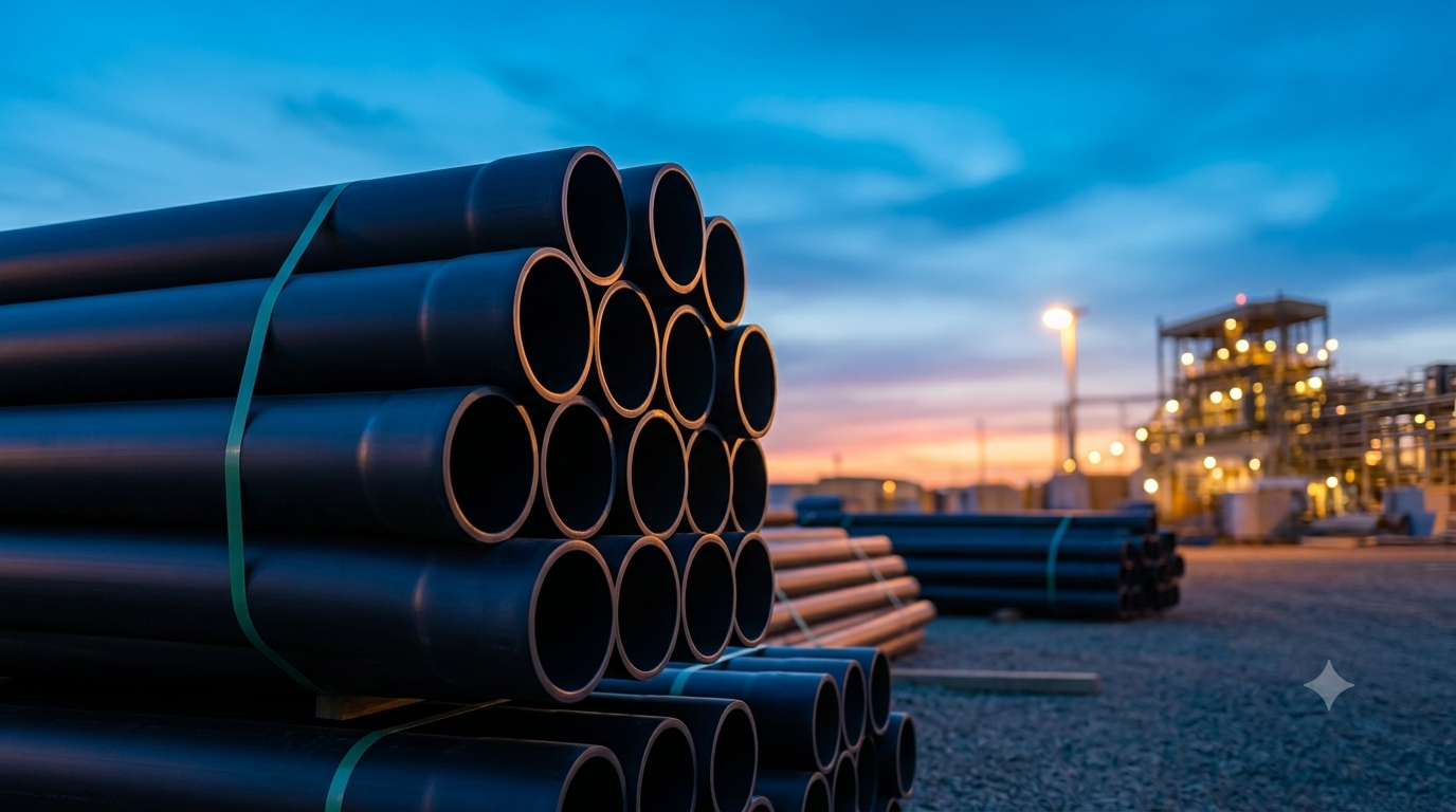 Stacked black HDPE poly pipe with blue stripe at an industrial yard