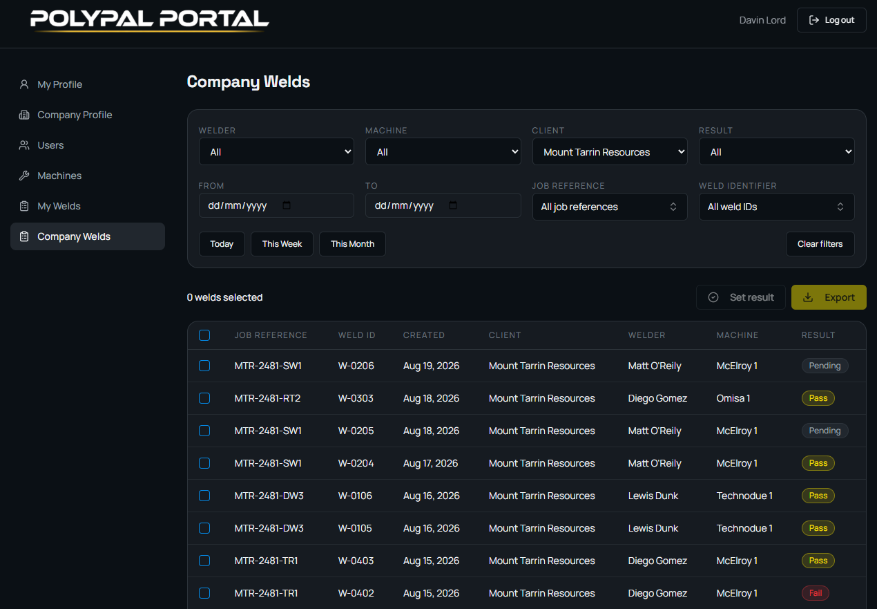 The Polypal Portal company weld log, showing job reference, weld ID, client, welder, machine and pass or fail result for each weld