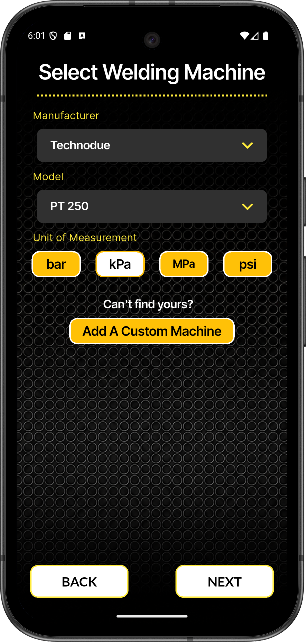 Polypal app screen — Select welding machine