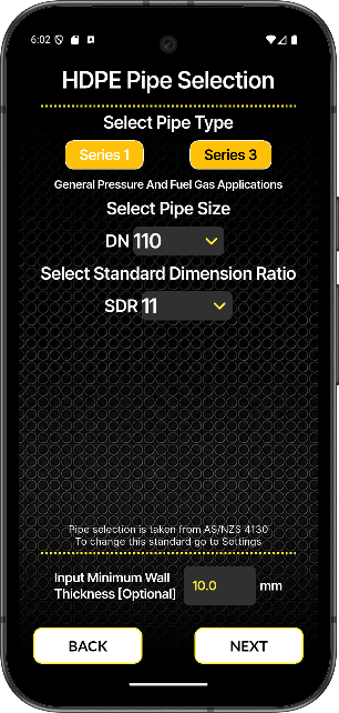 Polypal app screen — HDPE pipe selection