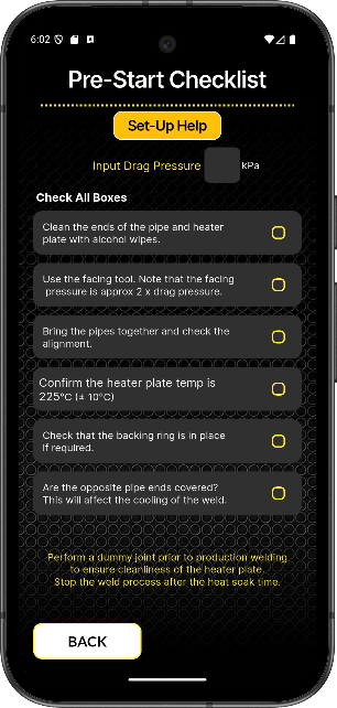 Polypal app screen — Pre-start checklist