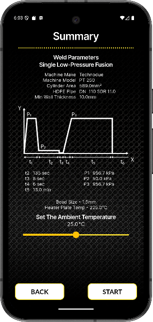 Polypal app screen — Weld parameter summary