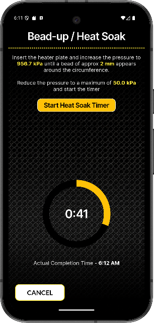 Polypal app screen — Bead-up / heat soak timer